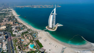 This picture taken on July 8, 2020 shows an aerial view of the Burj al-Arab hotel in the Gulf emirate of Dubai, during a government-organised helicopter tour. (Photo by KARIM SAHIB / AFP) (Photo by KARIM SAHIB/AFP via Getty Images)